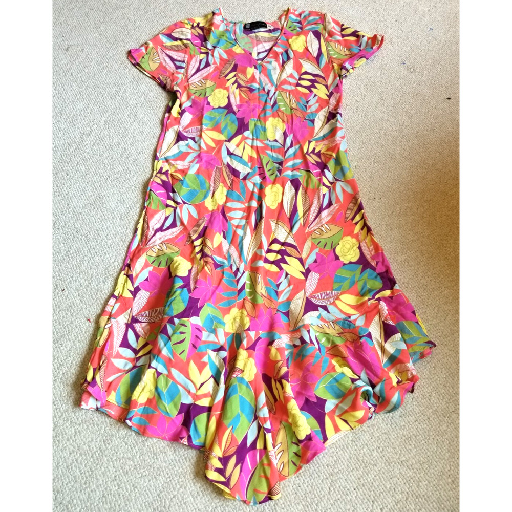 VINTAGE Y2K Womens Dress-CASUAL STUDIO-multicolor tropical BOHO asymmetric-M